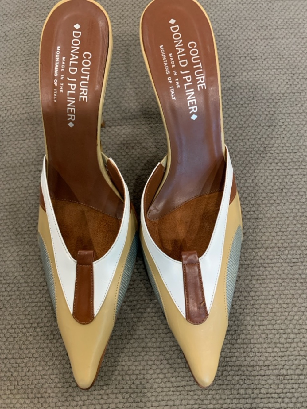 Donald J. Pliner Beige White Brown Pointed Leather Mules